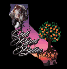 a logo for cali raised bullies shows a dog and an orange tree