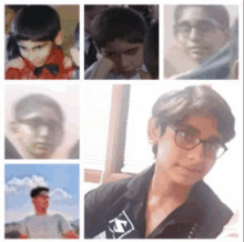 a collage of images of a boy with glasses