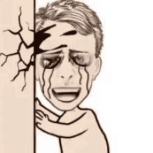 a cartoon of a man crying behind a wall