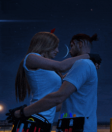 a man and a woman are hugging each other with a crescent moon in the sky behind them