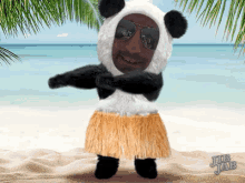 a picture of a panda wearing a hawaiian skirt