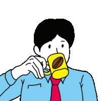 a man in a blue shirt and red tie drinking from a yellow mug