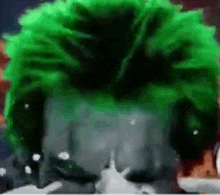 a close up of a person 's face with a green wig .