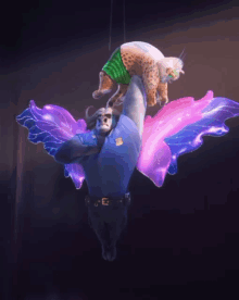 a police officer is flying through the air holding a stuffed animal