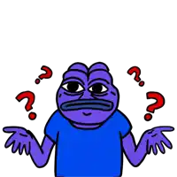 a purple frog in a blue shirt is shrugging his shoulders with red question marks around him