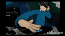 a cartoon of a man playing a record on a turntable