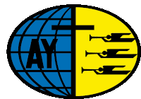 a blue and yellow circle with the word ay on it