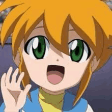 a close up of a cartoon character with orange hair and green eyes waving at the camera .