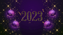 a purple background with purple christmas ornaments and the number 2023