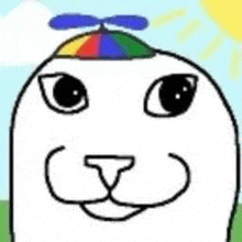 a cartoon cat wearing a rainbow hat with a propeller on top of it .