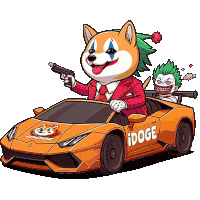 a cartoon of a doge driving a car with a clown in the back