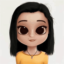 a cartoon girl with black hair and big eyes is wearing a yellow shirt and necklace .