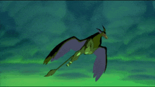 a green dragon with purple wings is flying in the air