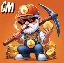 a cartoon illustration of a man holding a pickaxe and coins with the letter b on his chest