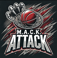 a logo for m.a.c.k. attack with a claw holding a basketball in a hoop