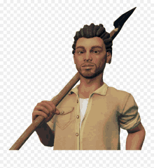 a man in a tan shirt is holding a spear