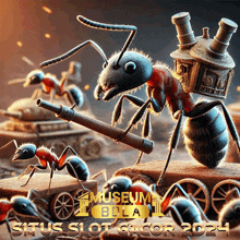 an advertisement for situs slot gacor shows an ant holding a gun