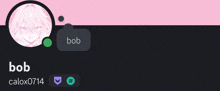 a screenshot of bob 's discord account with a pink background