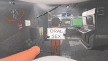 a man holding a sign that says oral sex in a video game