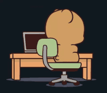 a cartoon bear is sitting at a desk with a laptop on it .