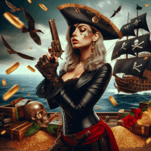 a woman dressed as a pirate holds a gun in front of a pirate ship