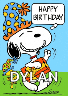 a cartoon of snoopy holding a gift and saying happy birthday to dylan