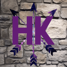 a purple hk logo with arrows on a stone background