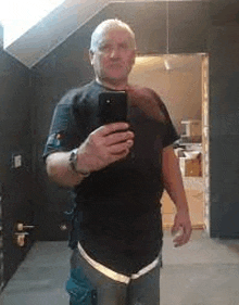 a man is taking a selfie in front of a mirror with his cell phone .