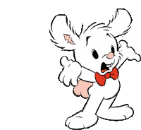 a white cartoon character with a red bow tie on