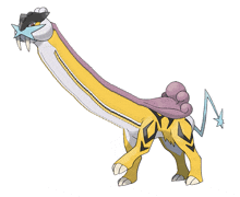 a drawing of a pokemon with a long neck and a purple tail