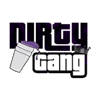 a logo for the dirty gang with a purple cup and a crown