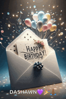 an envelope with balloons and a card that reads happy birthday