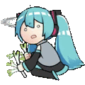 hatsune miku is kneeling down holding a bunch of leeks and smoking a cigarette .