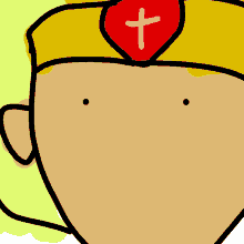 a cartoon drawing of a man wearing a yellow headband with a red heart with a cross on it