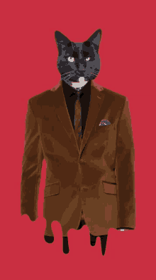 a black cat is wearing a brown jacket and tie