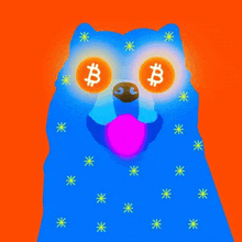 a dog with two bitcoins in its eyes and a purple ball in its mouth .