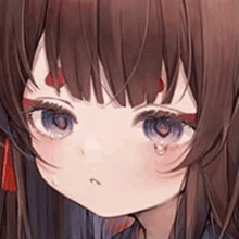 a close up of a anime girl 's face with purple eyes and brown hair .