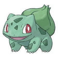 a drawing of a pokemon bulbasaur with red eyes and a green tail .