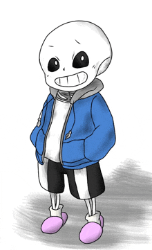 a drawing of a skeleton wearing a blue hoodie