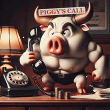 a cartoon pig talking on a telephone with a sign that says piggy 's call