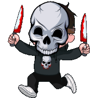 a cartoon drawing of a person with a skull on their hoodie holding two bloody knives