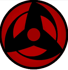 a red and black circle with a black triangle in the center