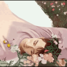 a painting of a man laying down with flowers on his head