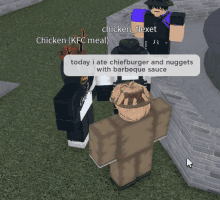 a group of roblox characters talking about chicken