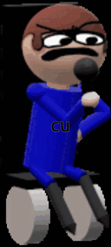 a cartoon character is holding a microphone with cu written on his chest