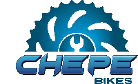 a blue logo for chepe bikes with a wrench in the middle