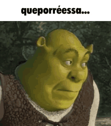 shrek from shrek making a funny face with the words queporreessa below him