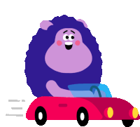 a cartoon character is driving a red car with the number 0 on the front