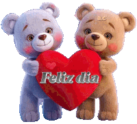 two teddy bears holding a red heart with feliz dia written on it