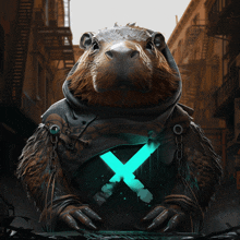 a painting of a beaver with a blue x on it